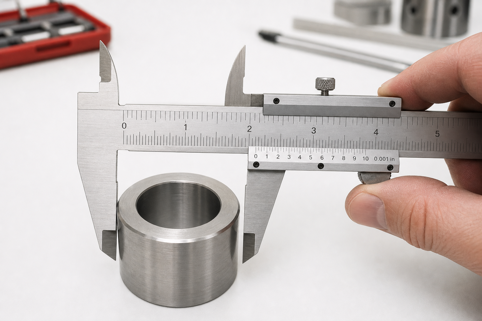 Imperial vernier caliper measuring the outside diameter of a machined metal part