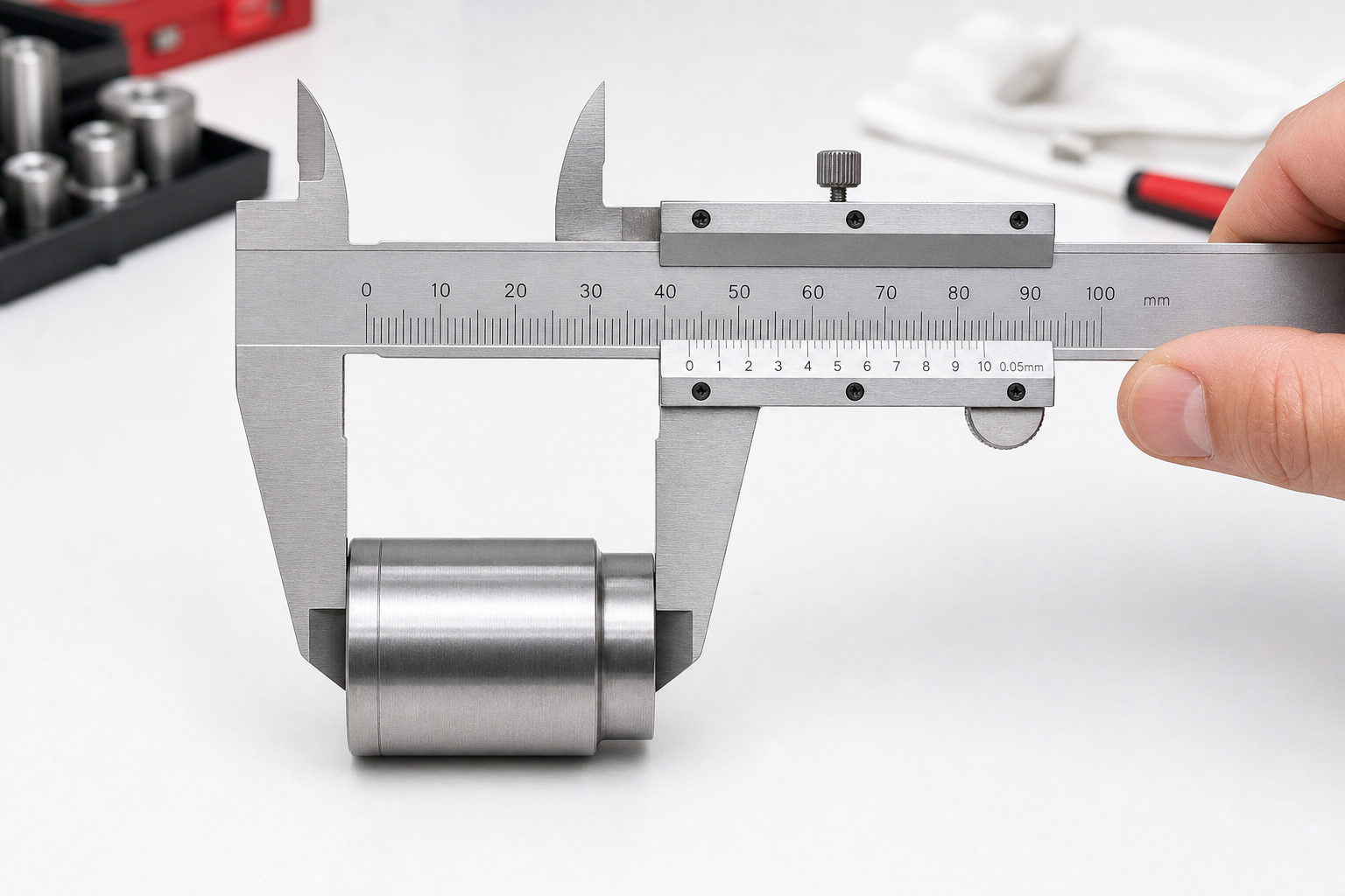 Metric vernier caliper measuring the outside diameter of a machined metal part