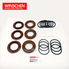 Angled view of WINSCHEN 566-32-05211 front brake seals and rings arranged by size