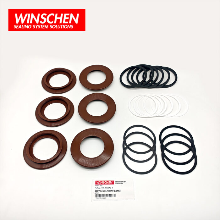 566-32-05211 Front Brake Seal Kit 2 Angled view of WINSCHEN 566-32-05211 front brake seals and rings arranged by size