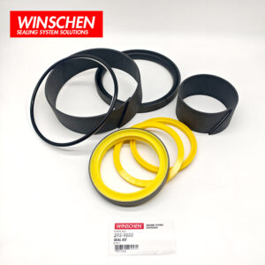 295-9888 lift cylinder seal kit, angled view of yellow seals and dark wear rings